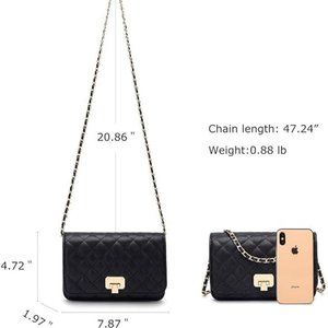 Women Black Quilted Purse Clutch Small Crossbody Shoulder Bag with Chain Strap.